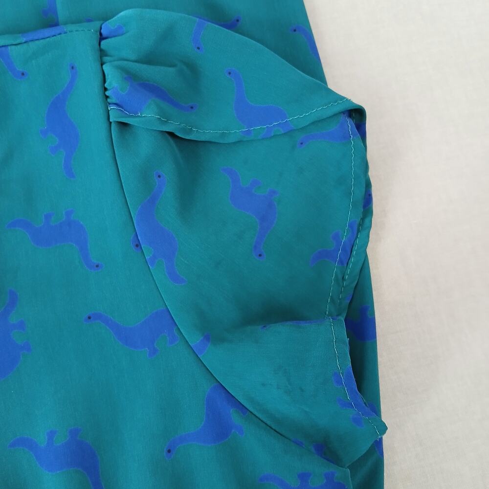 Peach Love California ModCloth Dino Print Dress M green blue blouson midi - Picture 6 of 13